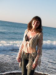 Image showing Beautiful Lady in Bikini Jeans on Beach