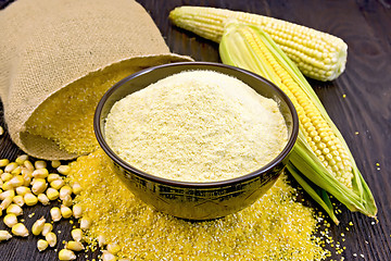 Image showing Flour corn in bowl with bag on board