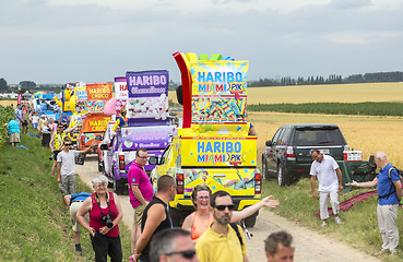 Image showing Haribo Caravan on a Cobblestone Road- Tour de France 2015