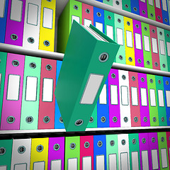 Image showing Shelves Of Files With One Falling For Getting Paperwork Organize