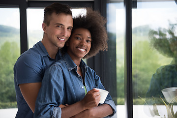 Image showing romantic happy young couple relax at modern home indoors