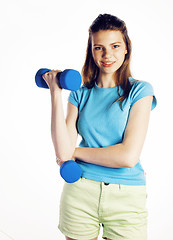 Image showing young pretty slim woman with dumbbell isolated cheerful smiling, real sport girl next door, lifestyle people concept