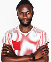 Image showing young handsome afro american man gesturing emotional posing isolated on white background, lifestyle real people concept 