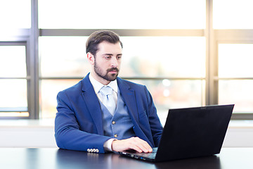 Image showing Businessman in office working on laptop computer.