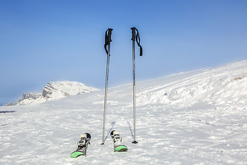 Image showing Skis and Stick on the Snow