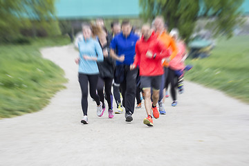 Image showing Fitness sport Group of people running jogging outside on road