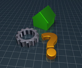 Image showing house model, question mark and gear wheel - 3d rendering