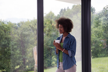 Image showing African American woman drinking coffee looking out the window