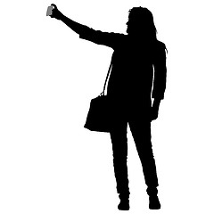 Image showing Silhouettes woman taking selfie with smartphone on white background. illustration