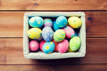 Image showing close up of colored easter eggs in basket