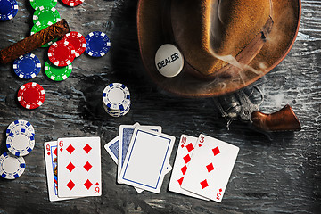 Image showing Cigar, chips for gamblings, drink and playing cards