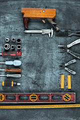 Image showing The set of construction tools on wooden table