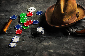 Image showing Cigar, chips for gamblings, drink and playing cards