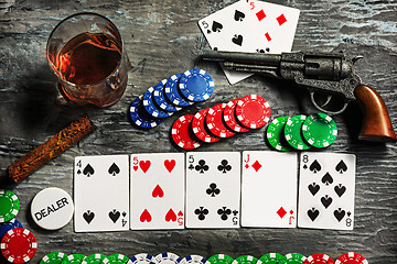 Image showing Cigar, chips for gamblings, drink and playing cards