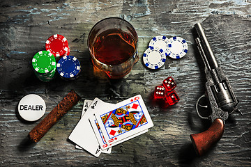 Image showing Cigar, chips for gamblings, drink and playing cards