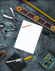 Image showing The set of construction tools on wooden table