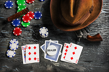 Image showing Cigar, chips for gamblings, drink and playing cards