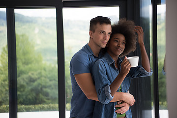 Image showing romantic happy young couple relax at modern home indoors