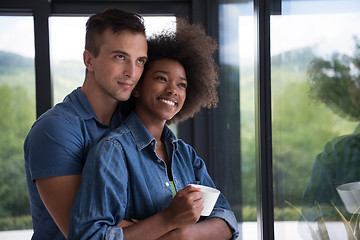 Image showing romantic happy young couple relax at modern home indoors