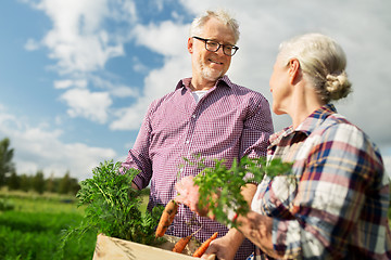 Image showing senior couple with box of carrots on farm