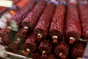 Image showing salami sausage at grocery store stall