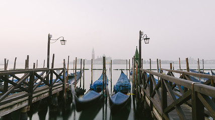 Image showing Gondolas at their moorings in Venice, Veneto, Italy, Europe