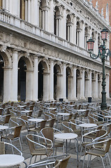 Image showing Empty cafe tables and chairs in San Marco Square, Venice, Veneto