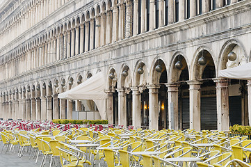 Image showing Empty cafe tables and chairs in San Marco Square, Venice, Veneto