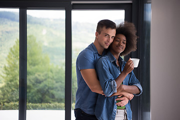 Image showing romantic happy young couple relax at modern home indoors