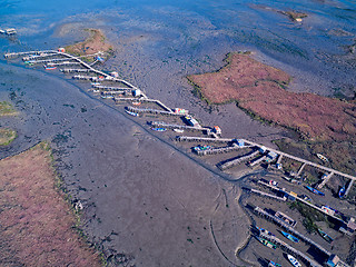 Image showing Aerial View of Old Fisherman Piers on the Sado Marshlands