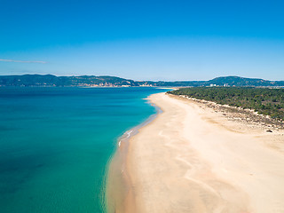 Image showing Aerial View Empty Sandy Beach with Small Waves