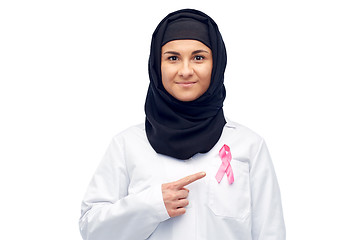 Image showing muslim doctor with breast cancer awareness ribbon