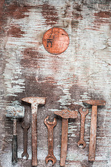 Image showing The set of construction tools on wooden table