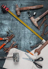 Image showing The set of construction tools on wooden table