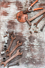 Image showing The set of construction tools on wooden table