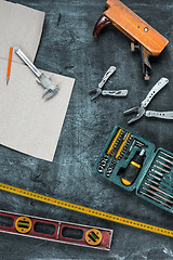 Image showing The set of construction tools on wooden table