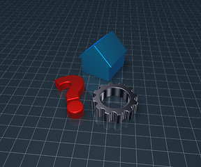 Image showing house model, question mark and gear wheel - 3d rendering