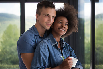 Image showing romantic happy young couple relax at modern home indoors