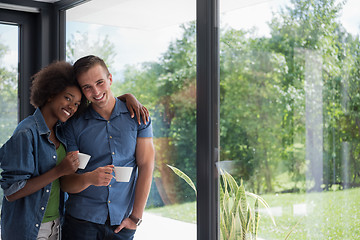 Image showing romantic happy young couple relax at modern home indoors