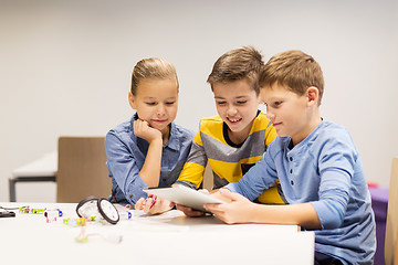 Image showing kids with tablet pc programming at robotics school