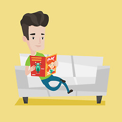 Image showing Man reading magazine on sofa vector illustration.