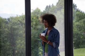 Image showing African American woman drinking coffee looking out the window