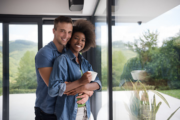 Image showing romantic happy young couple relax at modern home indoors