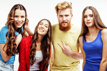 Image showing company of hipster guys, bearded red hair boy and girls students having fun together friends, diverse fashion style, lifestyle people concept isolated on white background