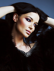 Image showing young pretty brunette woman fashion dressed, bright makeup, eleg