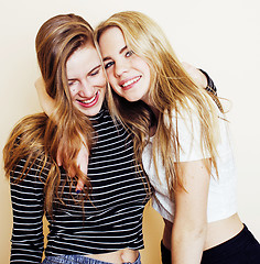 Image showing best friends teenage girls together having fun, posing emotional