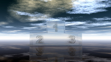 Image showing glass winner podium under cloudy sky - 3d illustration