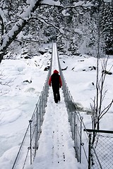 Image showing Man on suspension bridge