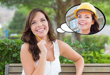 Image showing Thoughtful Young Woman with Herself as a Contractor or Builder I