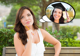 Image showing Thoughtful Young Woman with Herself as a Graduate Inside Thought